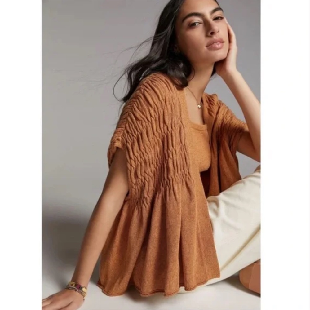 By Anthropologie Rita Smocked Cardigan Vest Honey Brown Open Front M/L.    22” L